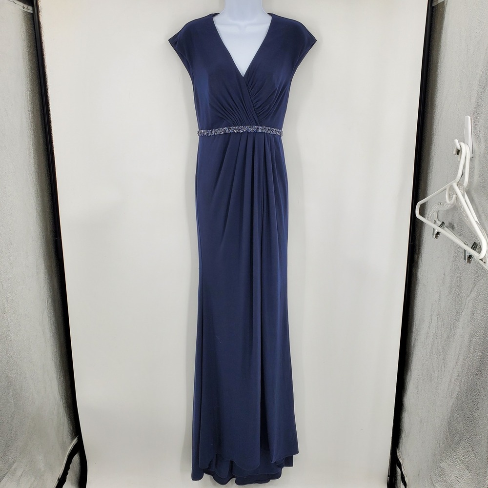 Mac Duggal Navy Blue Beaded Waist Ruched V-Neck Evening Gown Dress Size 0 Formal